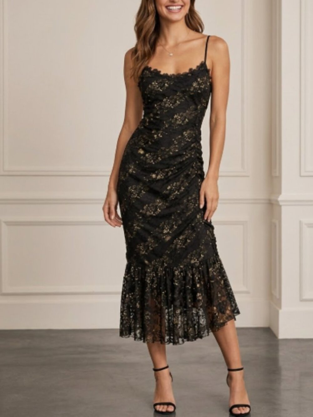 Fourteenth Place Black Gold Metallic Lace Ruffle Midi Dress Size M NWT